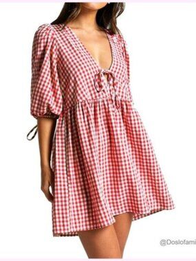 Puff Sleeve Tie Front Babydoll Mini Dress, Cotton, Side Pockets